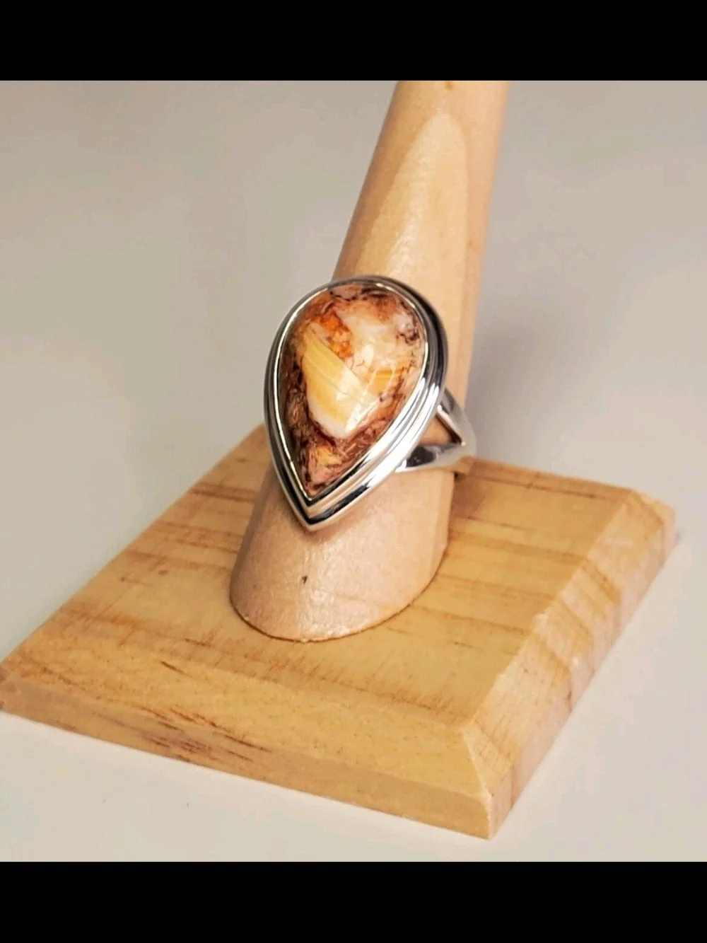 Handcrafted Sterling Silver Teardrop Seashell Jasper Gemstone Ring. Sz. 9 NIB